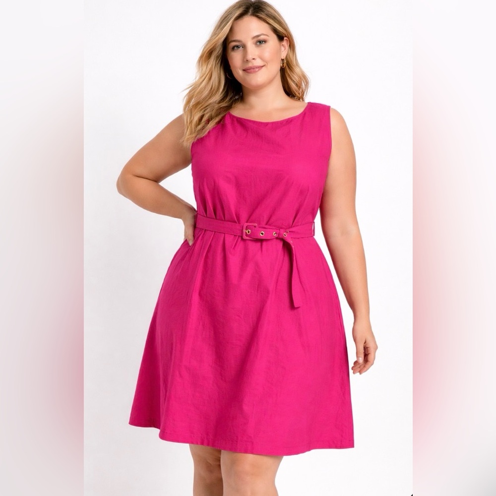 NWT Ann Taylor Barbie Pink  Linen Sleeveless Belted Dress